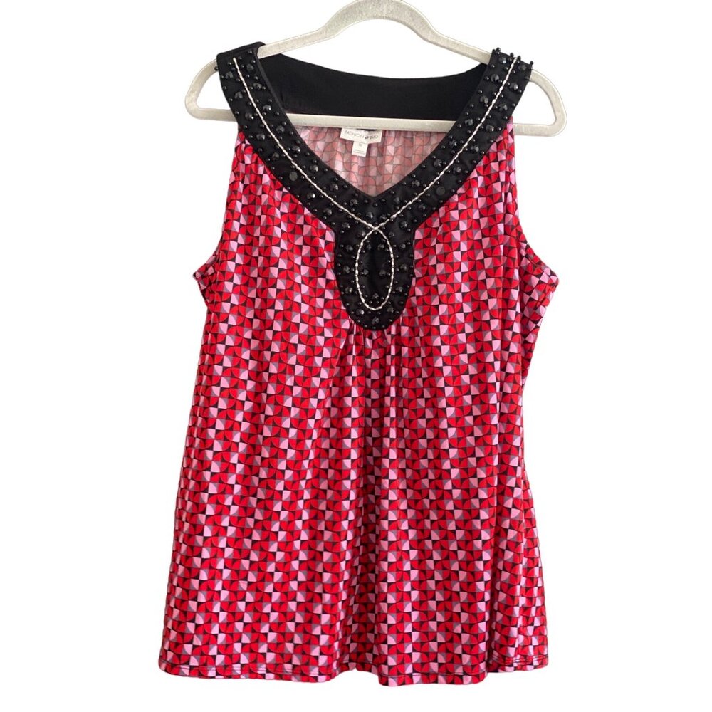 Fashion Bug Dress Top Sleeveless Red Pink Black Women 1X Holiday Bead Neck Trim